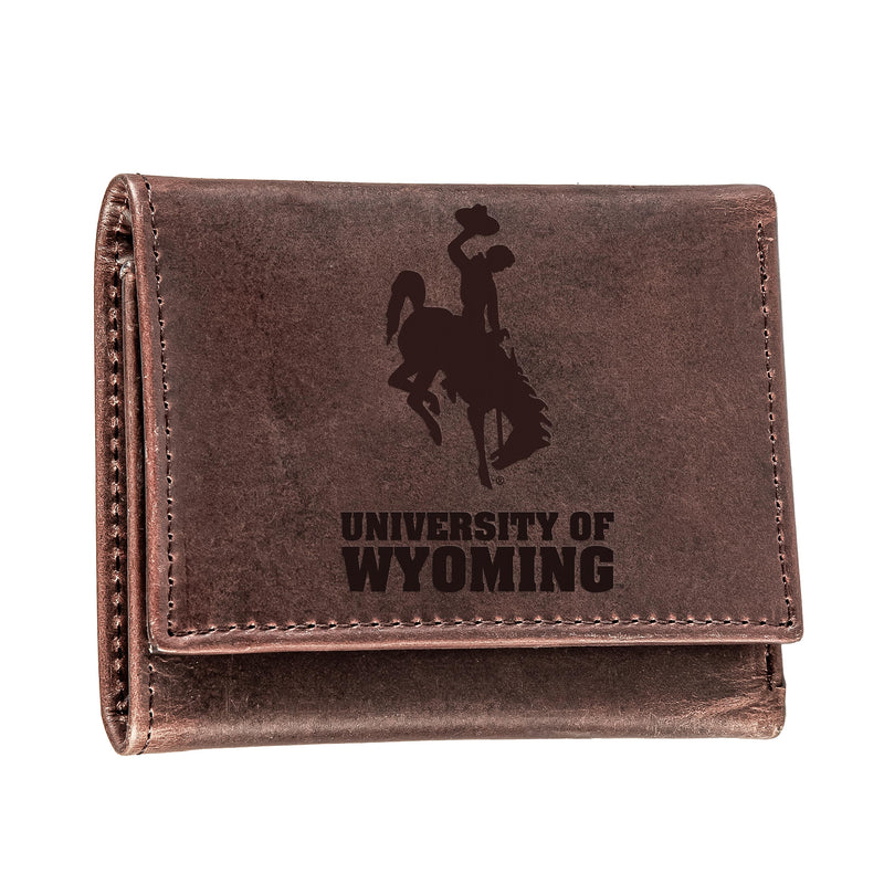 University of Wyoming, Tri-Fold Wallet, Brown, CH, 100% Genuine Leather
