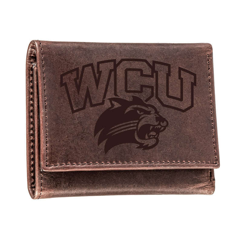 Western Carolina University, Tri-Fold Wallet, Brown, CH, 100% Genuine Leather