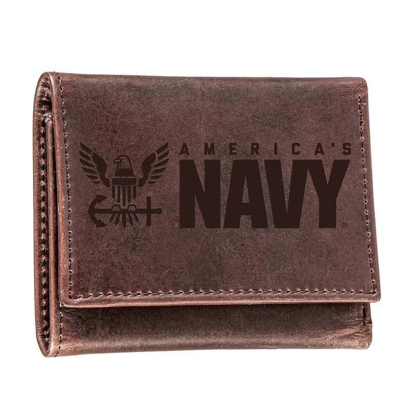 US Navy Brown Tri-Fold Wallet, 100% Genuine Leather