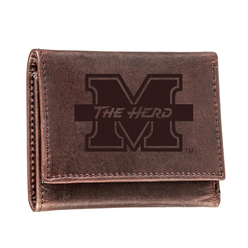 Marshall University, Tri-Fold Wallet, Brown, CH, 100% Genuine Leather