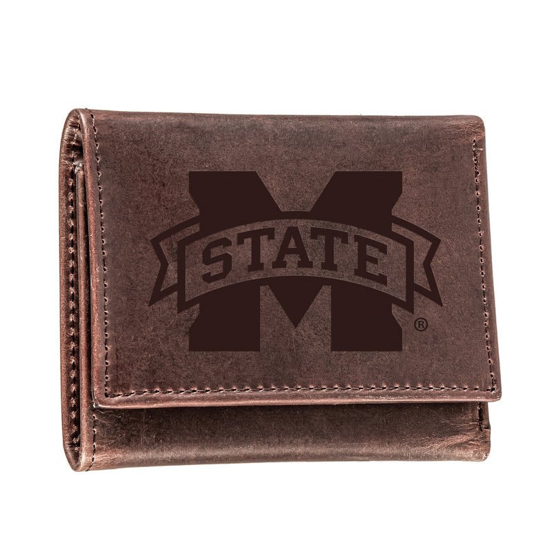 Mississippi State, Tri-Fold Wallet, Brown, CH, 100% Genuine Leather