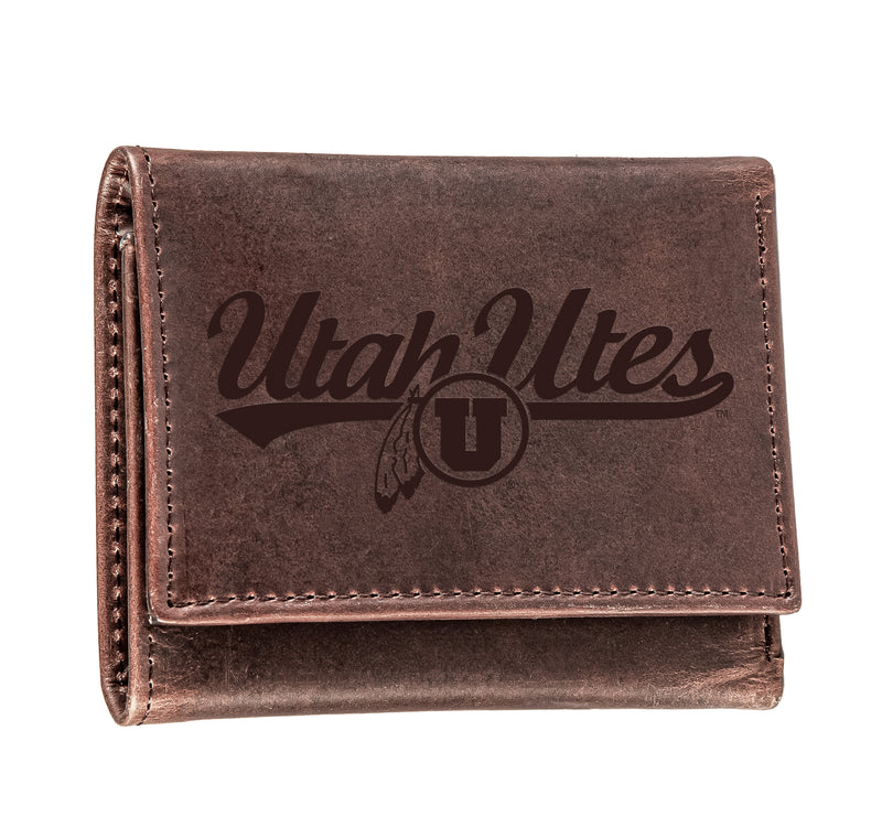 University of Utah, Tri-Fold Wallet, Brown, CH, 100% Genuine Leather