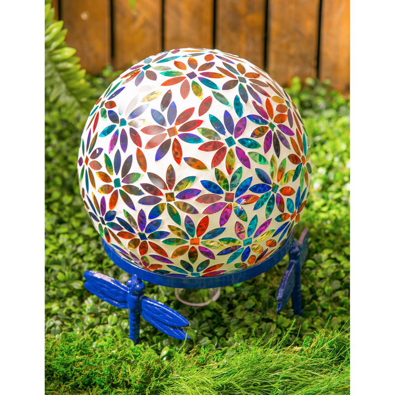 Evergreen Gazing Ball,10" Mosaic Glass Gazing Ball, Multicolored Flowers,9.84x9.84x11.8 Inches