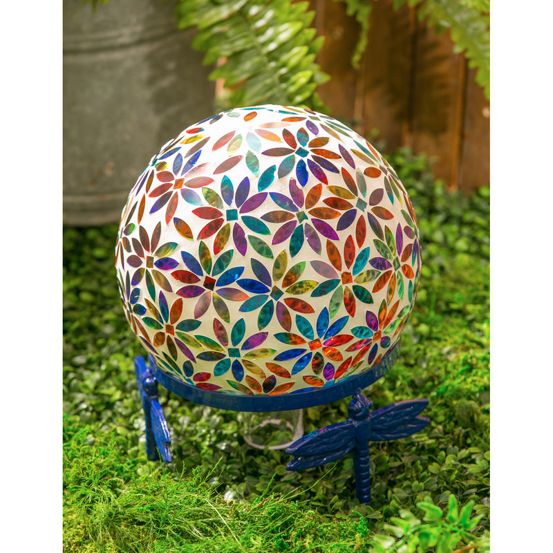 Evergreen Gazing Ball,10" Mosaic Glass Gazing Ball, Multicolored Flowers,9.84x9.84x11.8 Inches