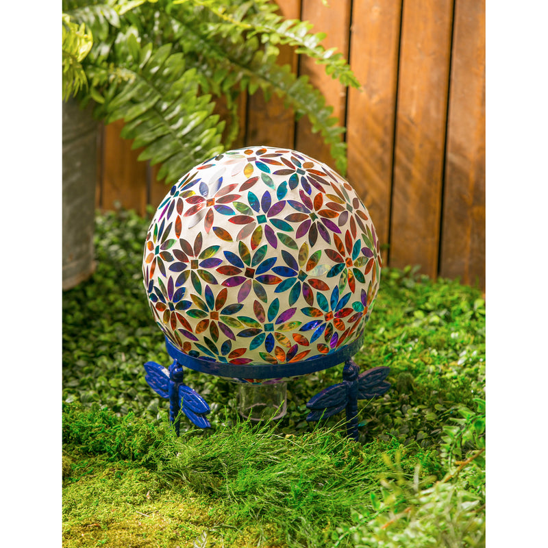 Evergreen Gazing Ball,10" Mosaic Glass Gazing Ball, Multicolored Flowers,9.84x9.84x11.8 Inches