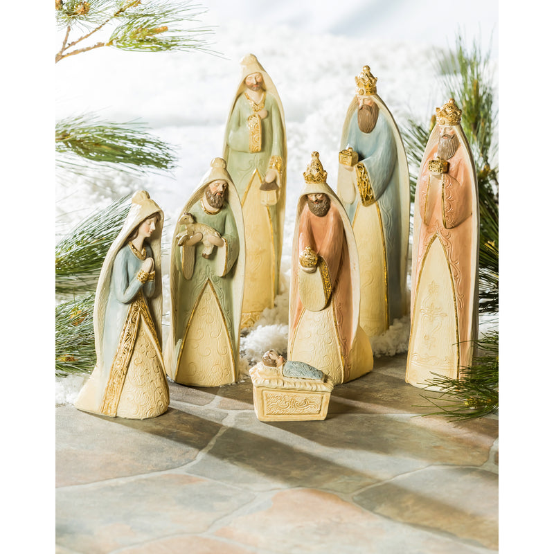 Evergreen Statuary,Gilded Nativity Scene, Set of 7,3.15x11.81x2.76 Inches