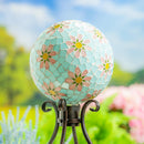 10" Mosaic Glass Gazing Ball, Blue with Pink Flowers