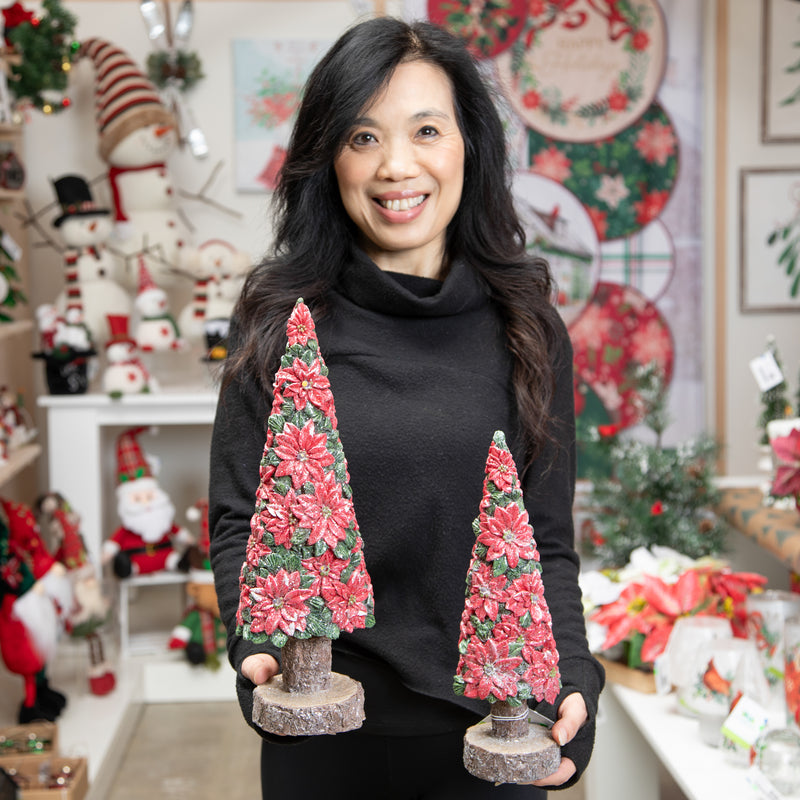 LED Poinsettia Christmas Trees On Base Statue, Set of 2,84g5337