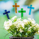 Memorial Garden Stake, Stained Glass Cross Plant Pick Program in Metal Bucket Display, 16"H