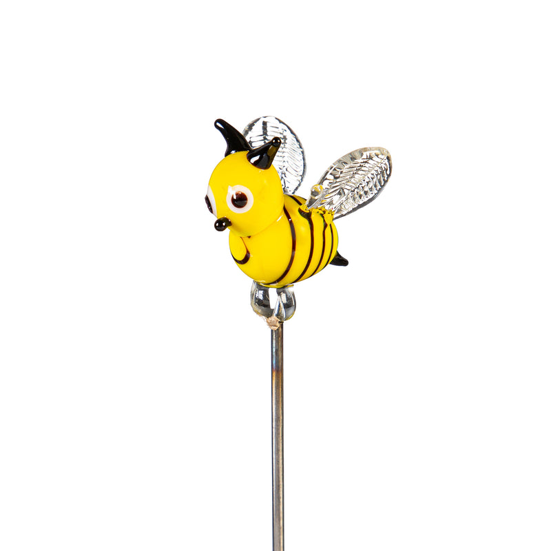 Pollinator Garden Stake, Bee Glass Plant Pick, 15"