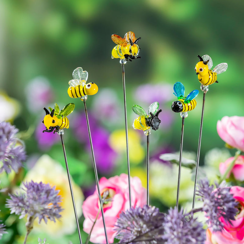 Pollinator Garden Stake, Bee Glass Plant Pick, 15"