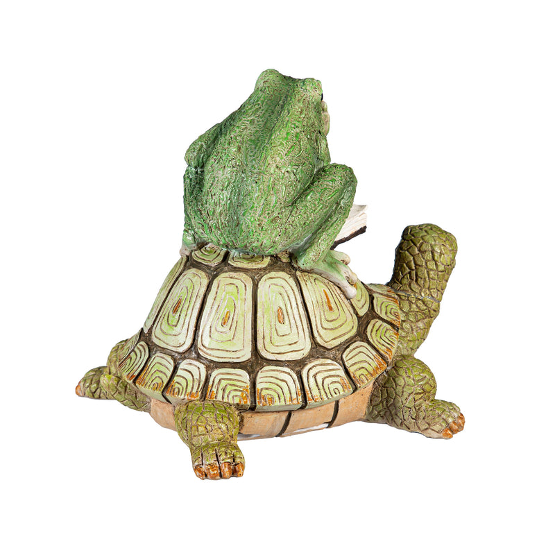 Pollinator Garden Statue, Resin Reading Frog Sitting On Snail & Turtle, 7"H