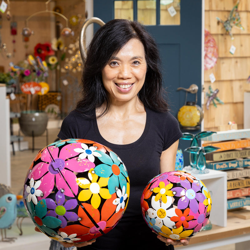 Palm Beach Garden Decor, Metal, Bright Floral Decorative Balls, Set of 3