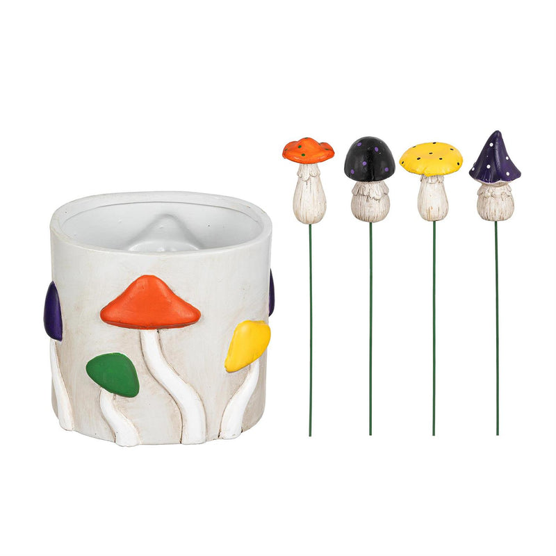 Mushroom Resin Plant Pick with Mushroom Planter, 7"H
