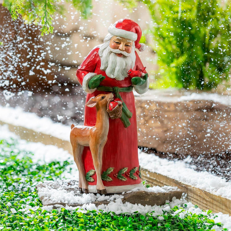 Woodland Storybook Garden Statue, Resin Statue, Santa and Deer, 15"H