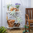Outdoor Potting Table / Storage Display, Distressed White Scrolls With Dragonflies