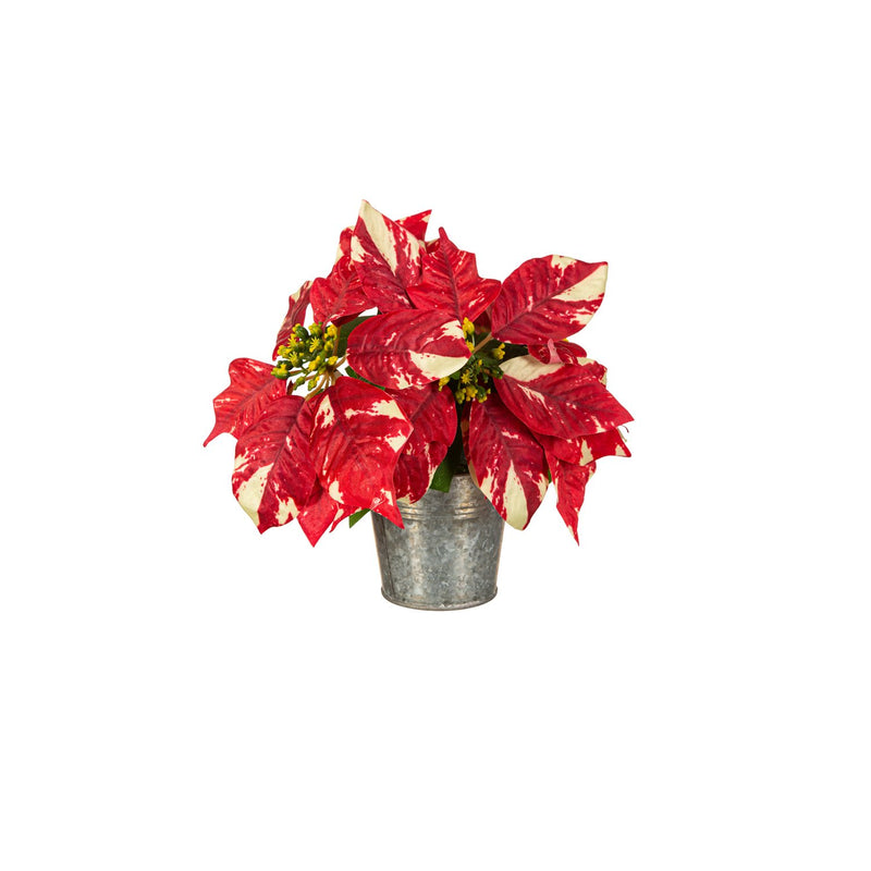 Multi Red Faux Poinsettias in Galvanized Pot, in Wooden Crate,8flp335