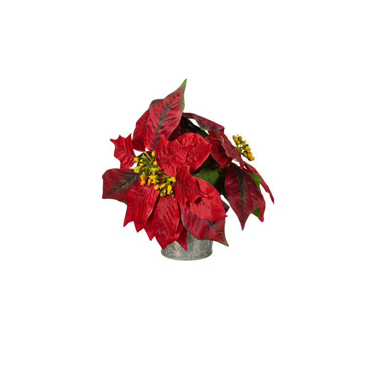 Multi Red Faux Poinsettias in Galvanized Pot, in Wooden Crate,8flp335