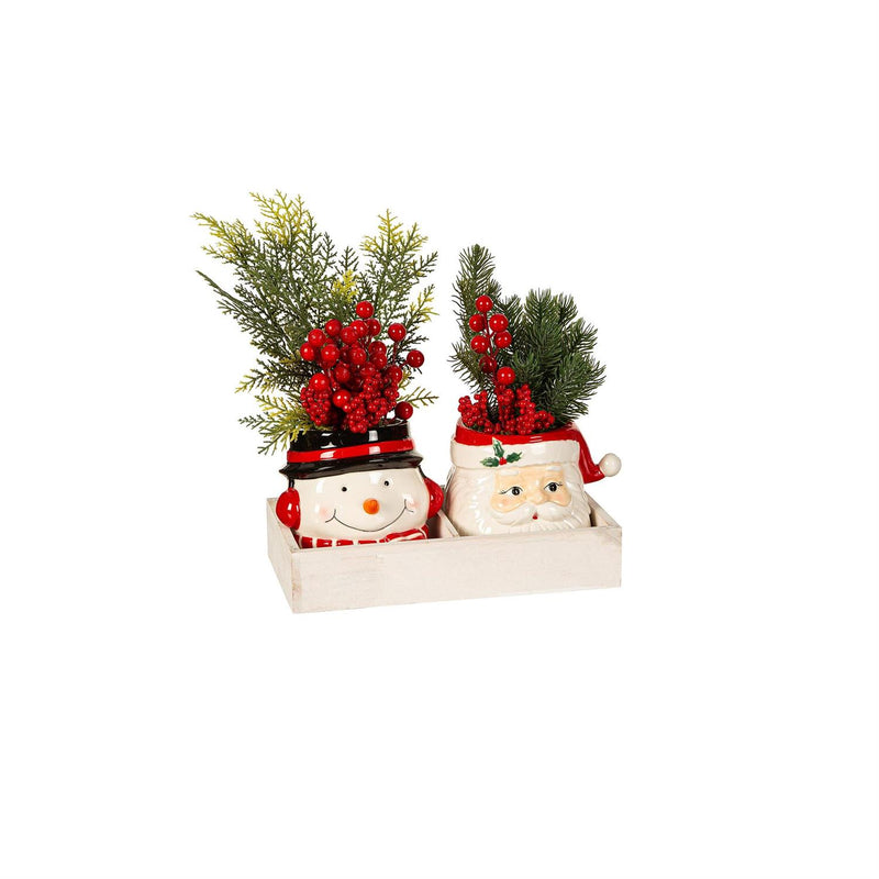 Greenery and Berry Artificial with Santa and Snowman Pot, in Wooden Crate