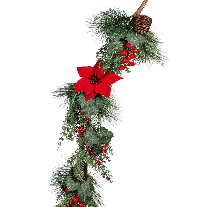 Holiday Poinsettia Garland Artificial Pine, 72"H