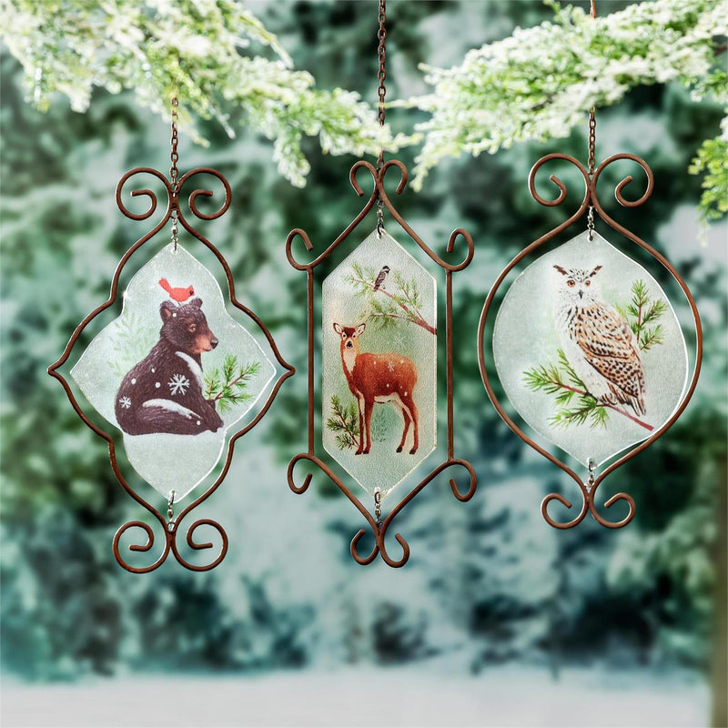 Woodland Storybook Garden Accent, Glass Hanging Decor, Forest Animal, Asst of 3