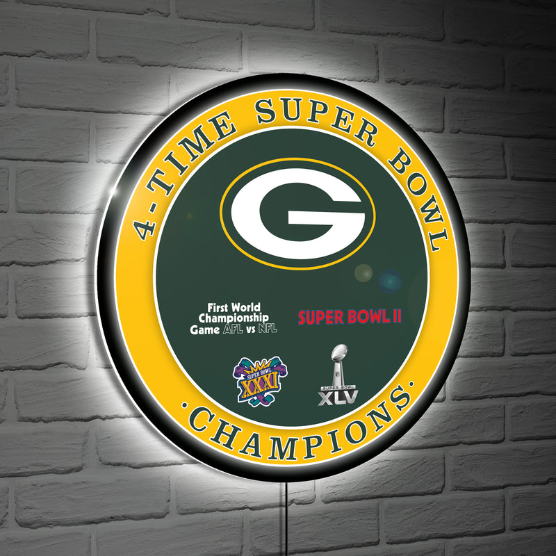 Green Bay Packers 4X Superbowl Champions Football Round LED Wall Decor