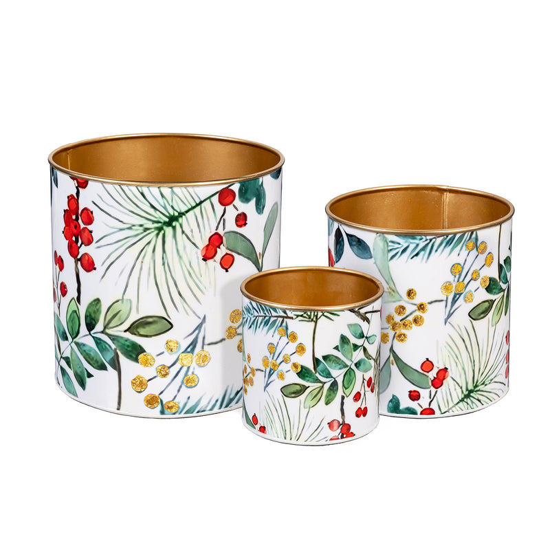 VivaStyle Planter, Metal Printed Planters, Festive Foliage, 10"H, Set of 3