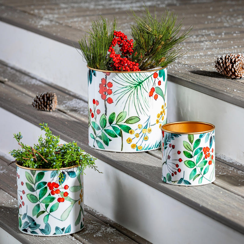 VivaStyle Planter, Metal Printed Planters, Festive Foliage, 10"H, Set of 3