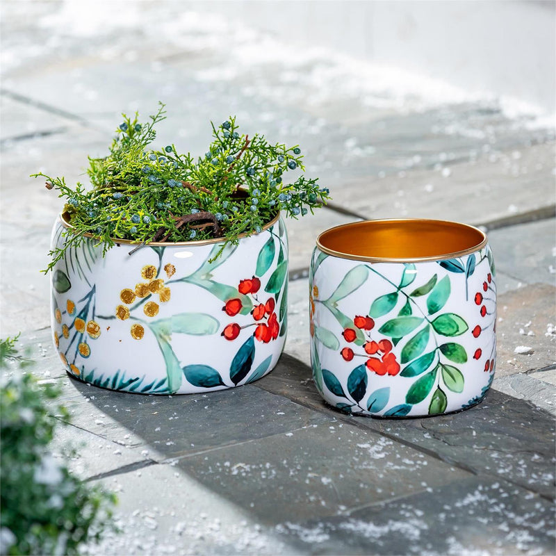 VivaStyle Planter, Metal Printed Planters, Festive Foliage, 8"H,  Set of 2
