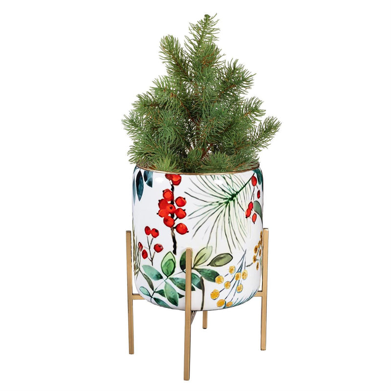 VivaStyle Planter, Printed Metal Planter with Legs, Festive Foliage, 18.7"H