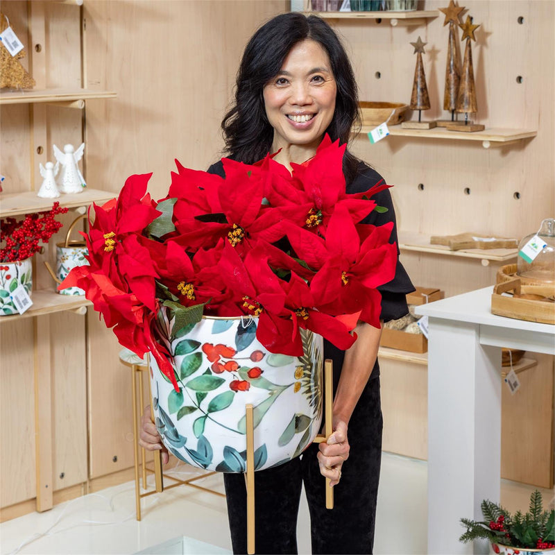 VivaStyle Planter, Printed Metal Planter with Legs, Festive Foliage, 18.7"H