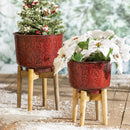Nested Poinsettia Stamped Red Planter with Wood Stand, Set of 2