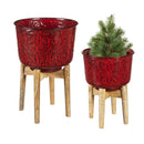 Nested Poinsettia Stamped Red Planter with Wood Stand, Set of 2