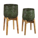 Nested Poinsettia Stamped Green Planter with Wood Stand, Set of 2