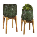 Nested Poinsettia Stamped Green Planter with Wood Stand, Set of 2