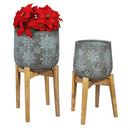 Nested Snowflake Stamped Planter with Wood Stand, Set of 2