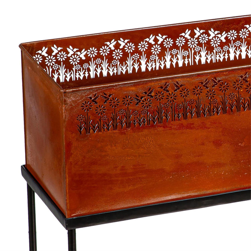 Rectangular Metal Planter with Laser Cut Wildflowers and Hummingbirds