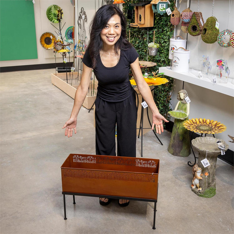 Rectangular Metal Planter with Laser Cut Wildflowers and Hummingbirds