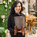 Embossed Metal Planter with Wood Stand, 9"H