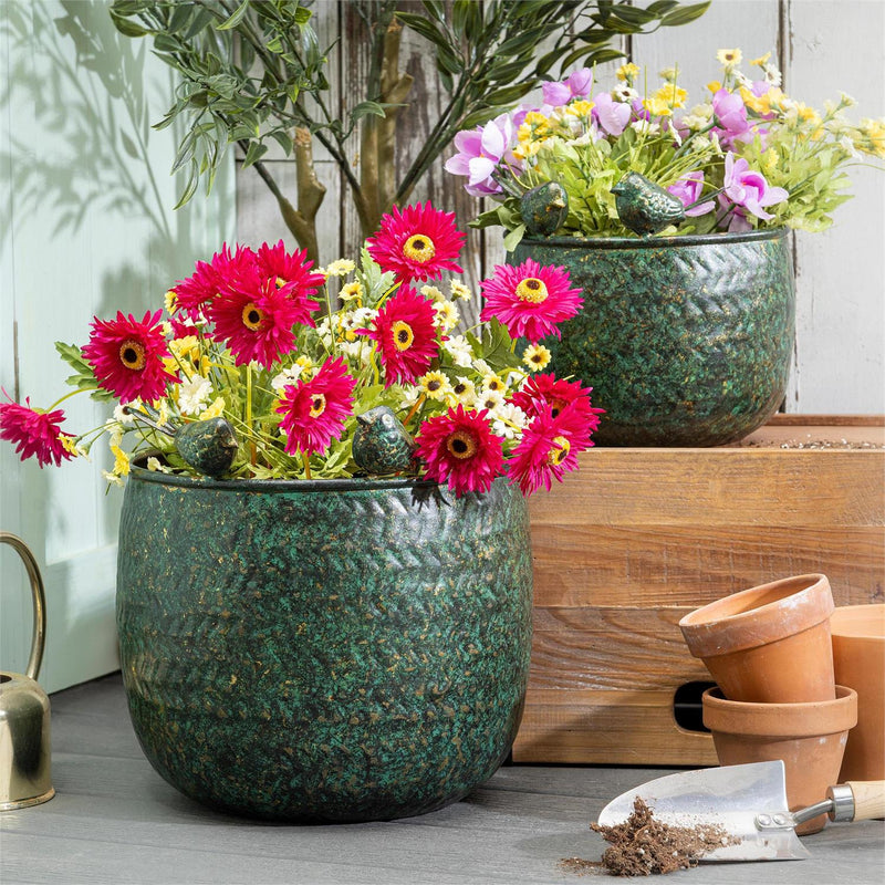 What She Shed Planters, Metal, Embossed with Perched Birds, Nested Set of 2