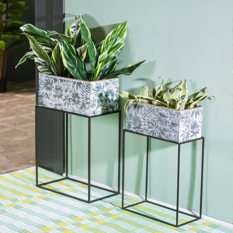 Metallic Embossed Floral Planters, Set of 2