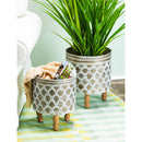 Embossed Metal Planter with Wood Legs, Set of 2