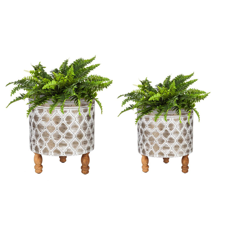 Embossed Metal Planter with Wood Legs, Set of 2