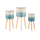 Ombre Blue Feather Metal Planter with Wooden Legs, Set of 3