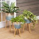 Ombre Blue Feather Metal Planter with Wooden Legs, Set of 3
