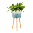 Ombre Blue Feather Metal Planter with Wooden Legs, Set of 3