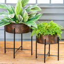Ribbed Burnt Copper Planter with Stand, Set of 2