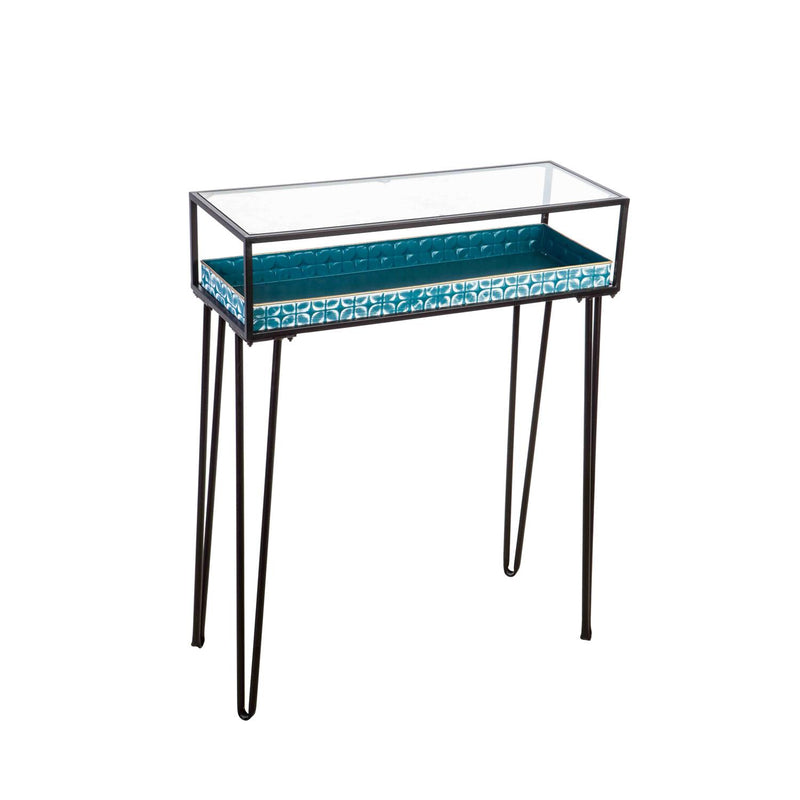 Metal Table with Glass Top and Teal Metal Planter Dish