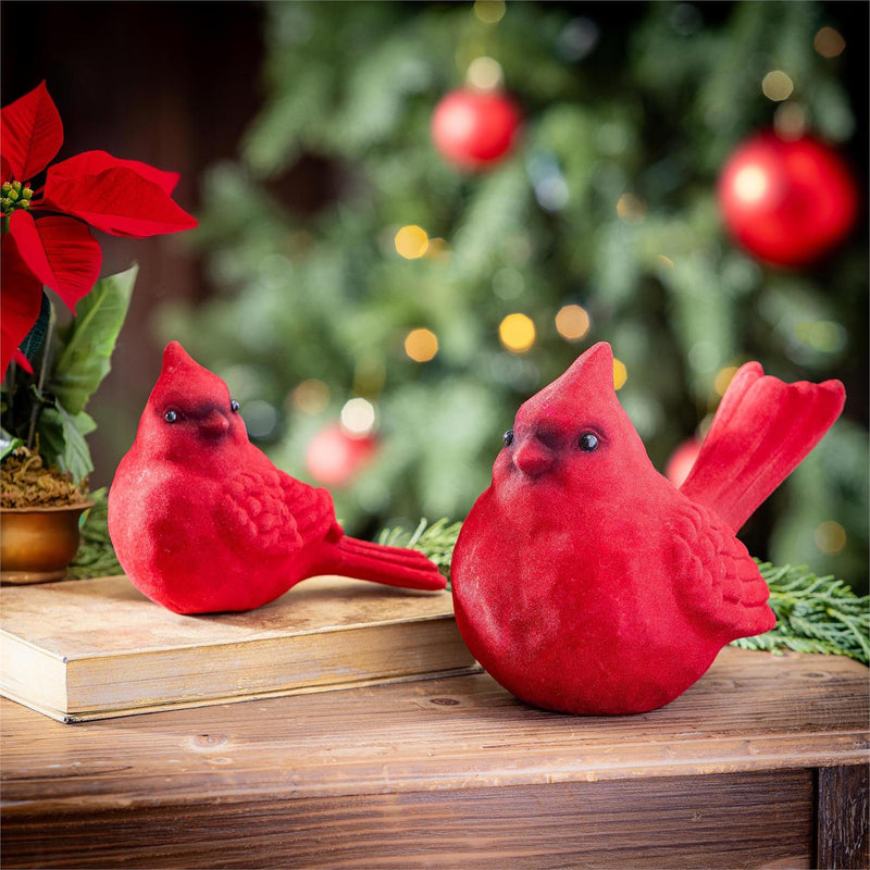 Holiday Poinsettia Table Décor Flocked Cardinal Ceramic Set