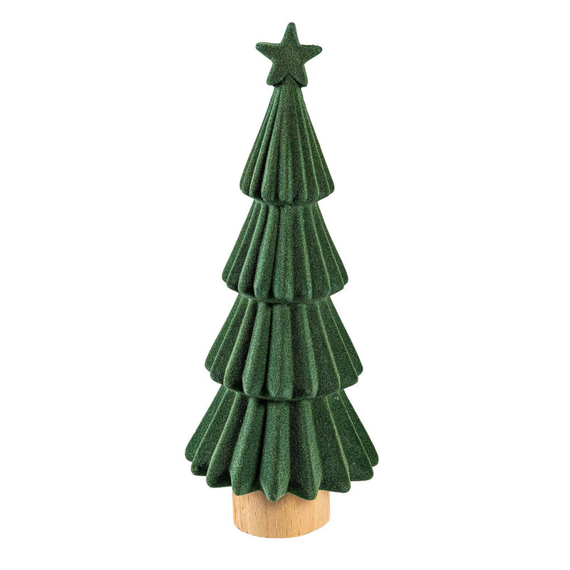 Shades of Green Table Décor Christmas Tree Flocked Ceramic and Wood, 11.75"H